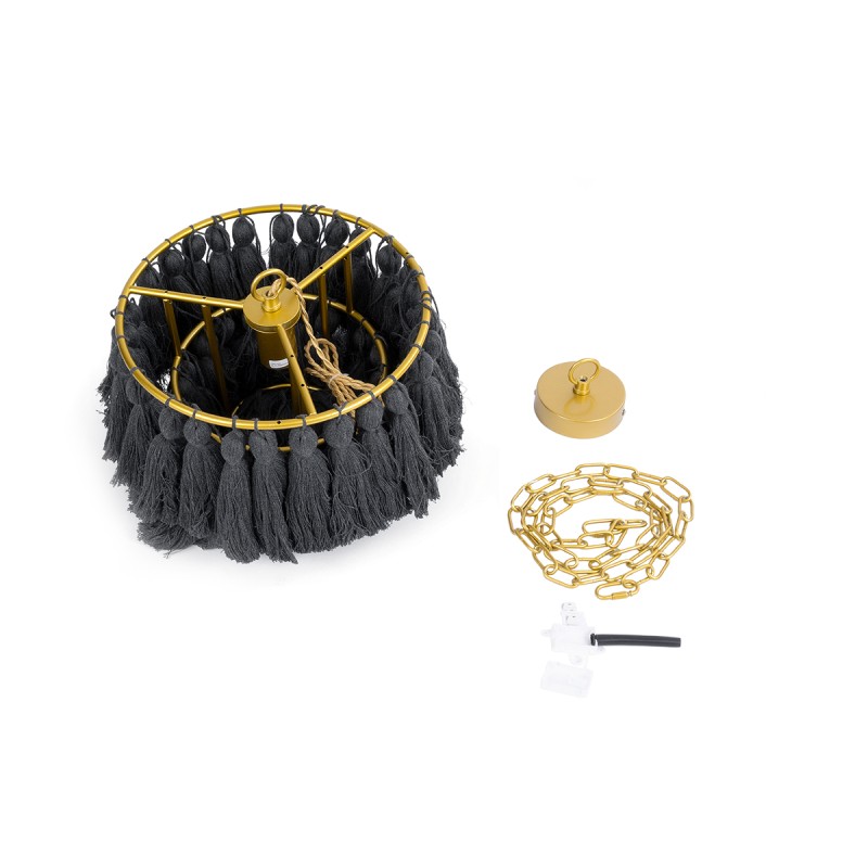 GloboStar® MISSOULA 02087 Boho Κρεμαστό Φωτιστικό Σχοινί Μονόφωτο 1 x E27 IP20 Μαύρο Ύφασμα με Χρυσό Μέταλλο - Μ30 x Π30 x Υ40cm