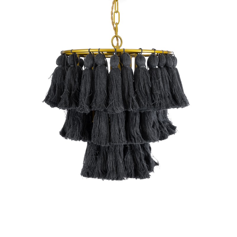 GloboStar® MISSOULA 02087 Boho Κρεμαστό Φωτιστικό Σχοινί Μονόφωτο 1 x E27 IP20 Μαύρο Ύφασμα με Χρυσό Μέταλλο - Μ30 x Π30 x Υ40cm