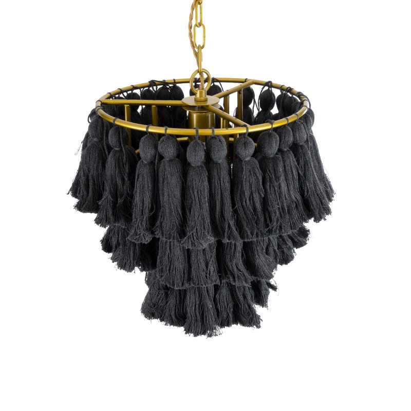 GloboStar® MISSOULA 02087 Boho Κρεμαστό Φωτιστικό Σχοινί Μονόφωτο 1 x E27 IP20 Μαύρο Ύφασμα με Χρυσό Μέταλλο - Μ30 x Π30 x Υ40cm