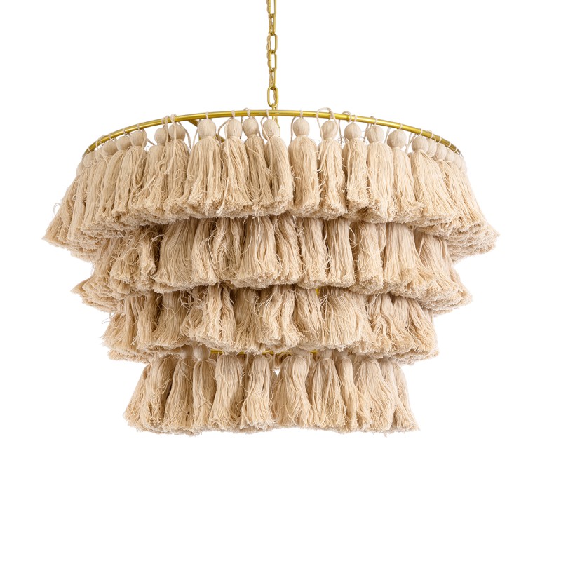 GloboStar® MISSOULA 02088 Boho Κρεμαστό Φωτιστικό Σχοινί Μονόφωτο 1 x E27 IP20 Μπεζ Ύφασμα με Χρυσό Μέταλλο - Μ60 x Π60 x Υ40cm