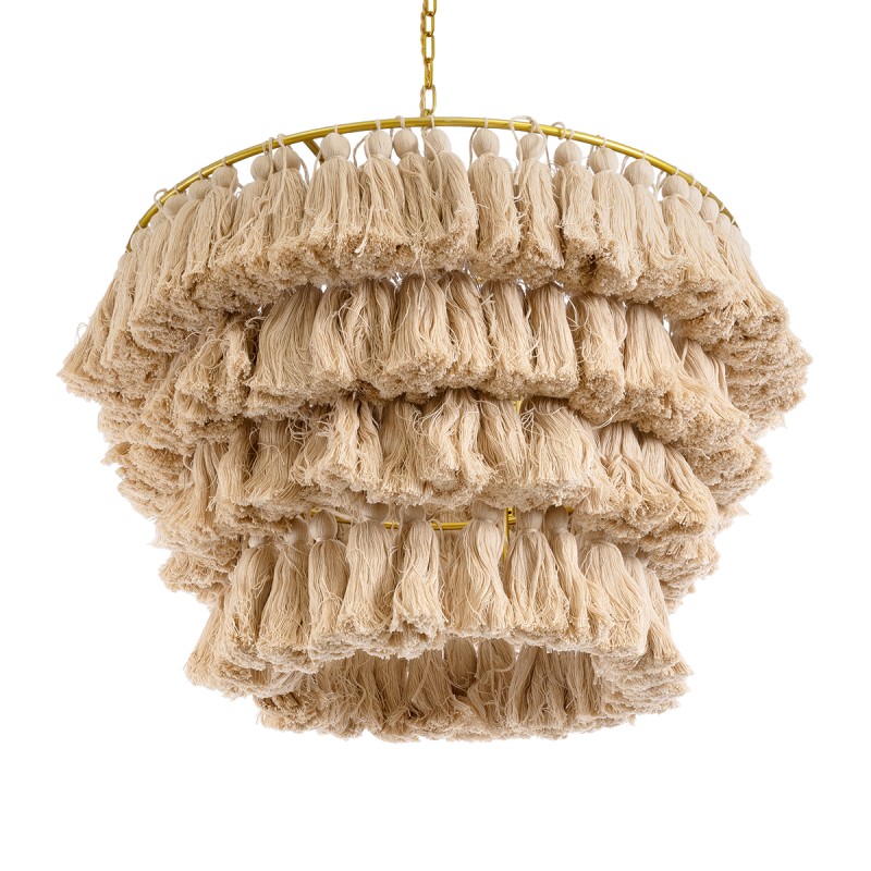 GloboStar® MISSOULA 02088 Boho Κρεμαστό Φωτιστικό Σχοινί Μονόφωτο 1 x E27 IP20 Μπεζ Ύφασμα με Χρυσό Μέταλλο - Μ60 x Π60 x Υ40cm