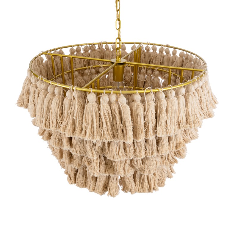 GloboStar® MISSOULA 02088 Boho Κρεμαστό Φωτιστικό Σχοινί Μονόφωτο 1 x E27 IP20 Μπεζ Ύφασμα με Χρυσό Μέταλλο - Μ60 x Π60 x Υ40cm