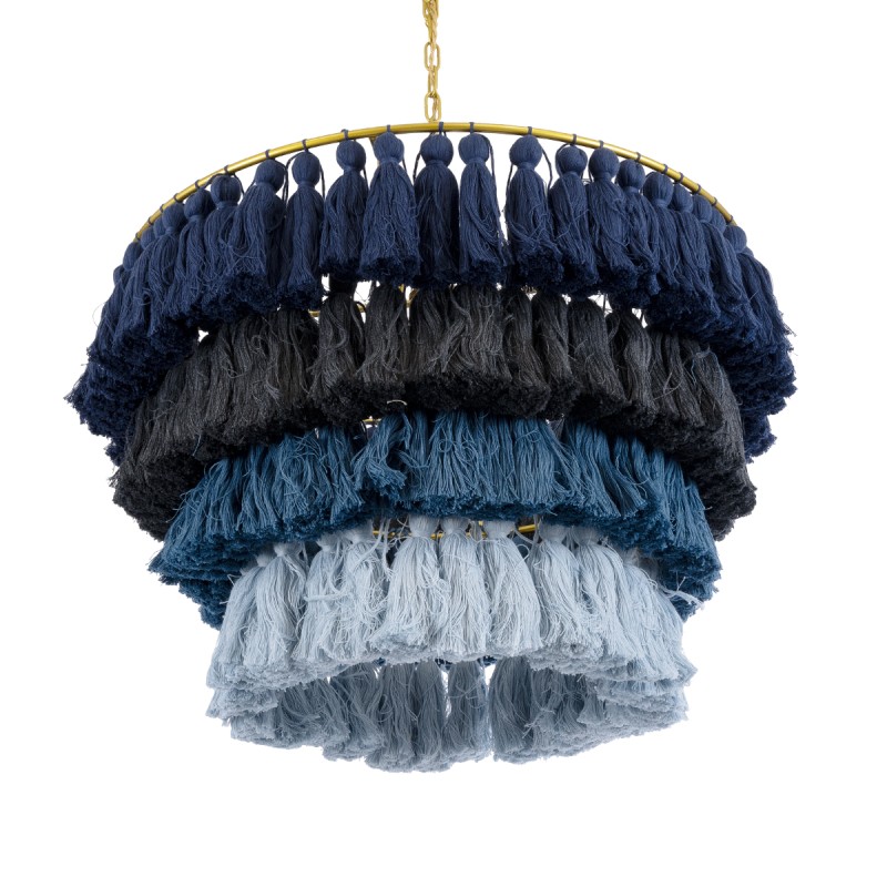 GloboStar® MISSOULA 02089 Boho Κρεμαστό Φωτιστικό Σχοινί Μονόφωτο 1 x E27 IP20 Πολύχρωμο Ύφασμα με Χρυσό Μέταλλο - Μ60 x Π60 x Υ40cm