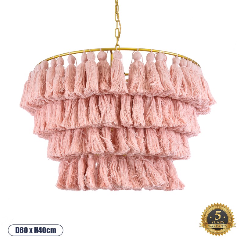 GloboStar® MISSOULA 02090 Boho Κρεμαστό Φωτιστικό Σχοινί Μονόφωτο 1 x E27 IP20 Ροζ Ύφασμα με Χρυσό Μέταλλο - Μ60 x Π60 x Υ40cm