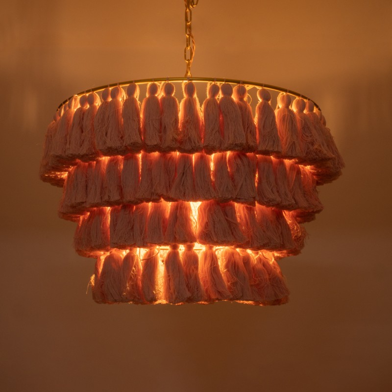 GloboStar® MISSOULA 02090 Boho Κρεμαστό Φωτιστικό Σχοινί Μονόφωτο 1 x E27 IP20 Ροζ Ύφασμα με Χρυσό Μέταλλο - Μ60 x Π60 x Υ40cm