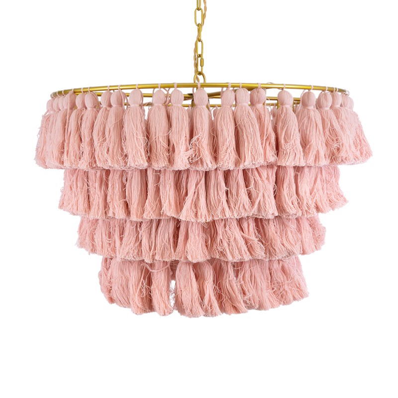 GloboStar® MISSOULA 02090 Boho Κρεμαστό Φωτιστικό Σχοινί Μονόφωτο 1 x E27 IP20 Ροζ Ύφασμα με Χρυσό Μέταλλο - Μ60 x Π60 x Υ40cm