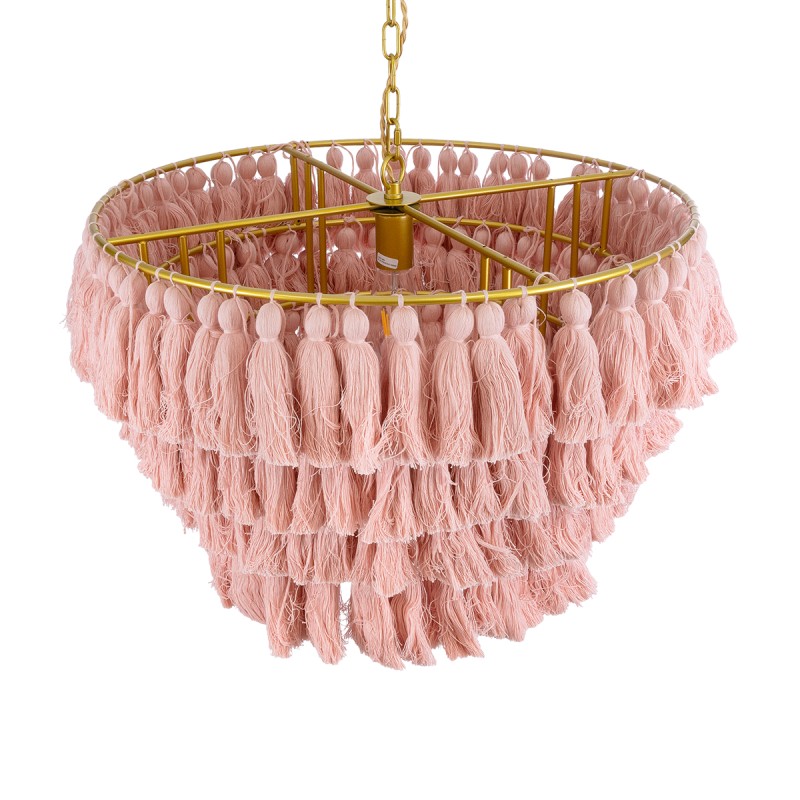 GloboStar® MISSOULA 02090 Boho Κρεμαστό Φωτιστικό Σχοινί Μονόφωτο 1 x E27 IP20 Ροζ Ύφασμα με Χρυσό Μέταλλο - Μ60 x Π60 x Υ40cm
