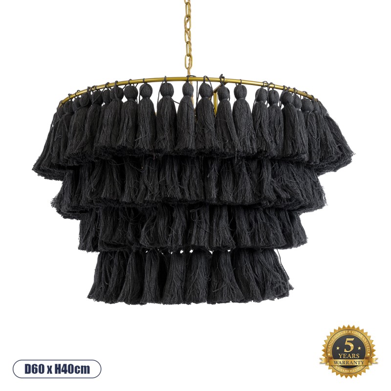 GloboStar® MISSOULA 02091 Boho Κρεμαστό Φωτιστικό Σχοινί Μονόφωτο 1 x E27 IP20 Μαύρο Ύφασμα με Χρυσό Μέταλλο - Μ60 x Π60 x Υ40cm