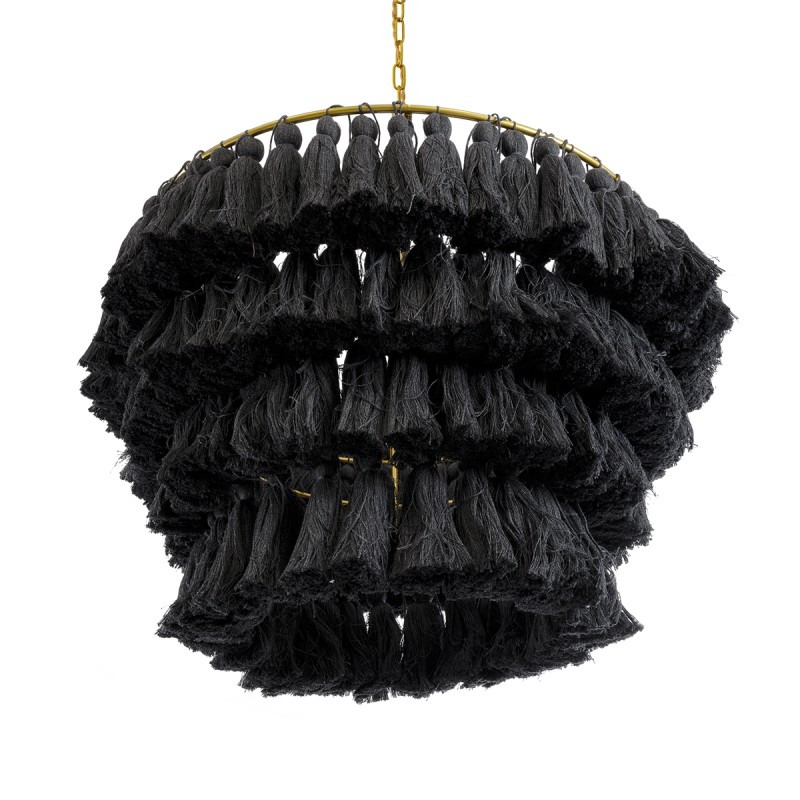 GloboStar® MISSOULA 02091 Boho Κρεμαστό Φωτιστικό Σχοινί Μονόφωτο 1 x E27 IP20 Μαύρο Ύφασμα με Χρυσό Μέταλλο - Μ60 x Π60 x Υ40cm