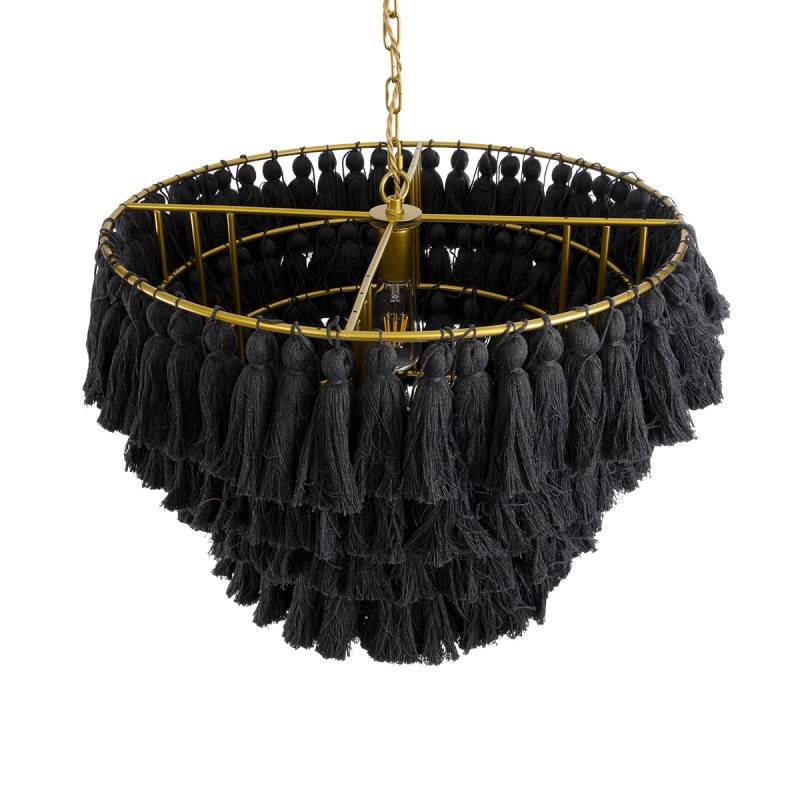 GloboStar® MISSOULA 02091 Boho Κρεμαστό Φωτιστικό Σχοινί Μονόφωτο 1 x E27 IP20 Μαύρο Ύφασμα με Χρυσό Μέταλλο - Μ60 x Π60 x Υ40cm