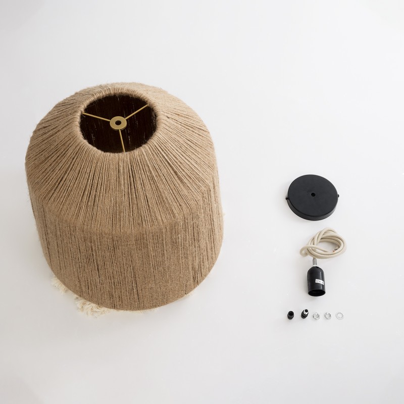 GloboStar® PUERTORICO 02092 Boho Κρεμαστό Φωτιστικό Καμπάνα Μονόφωτο 1 x E27 IP20 Μπεζ & Λευκό Σχοινί - Μ40 x Π40 x Υ45cm