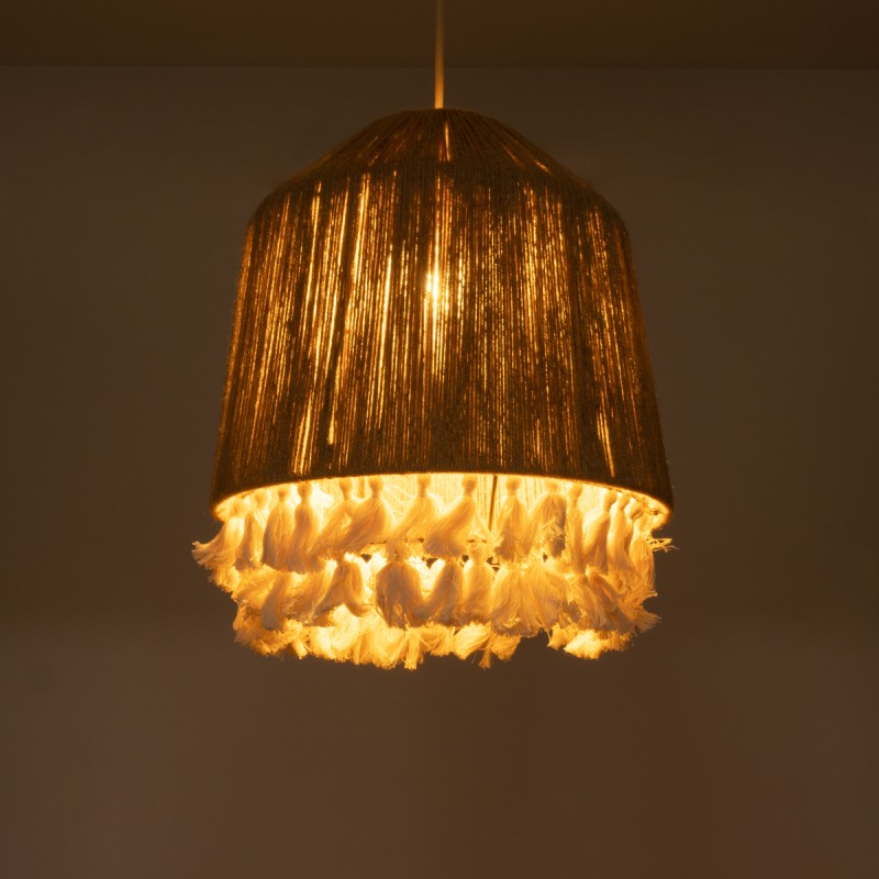 GloboStar® PUERTORICO 02092 Boho Κρεμαστό Φωτιστικό Καμπάνα Μονόφωτο 1 x E27 IP20 Μπεζ & Λευκό Σχοινί - Μ40 x Π40 x Υ45cm