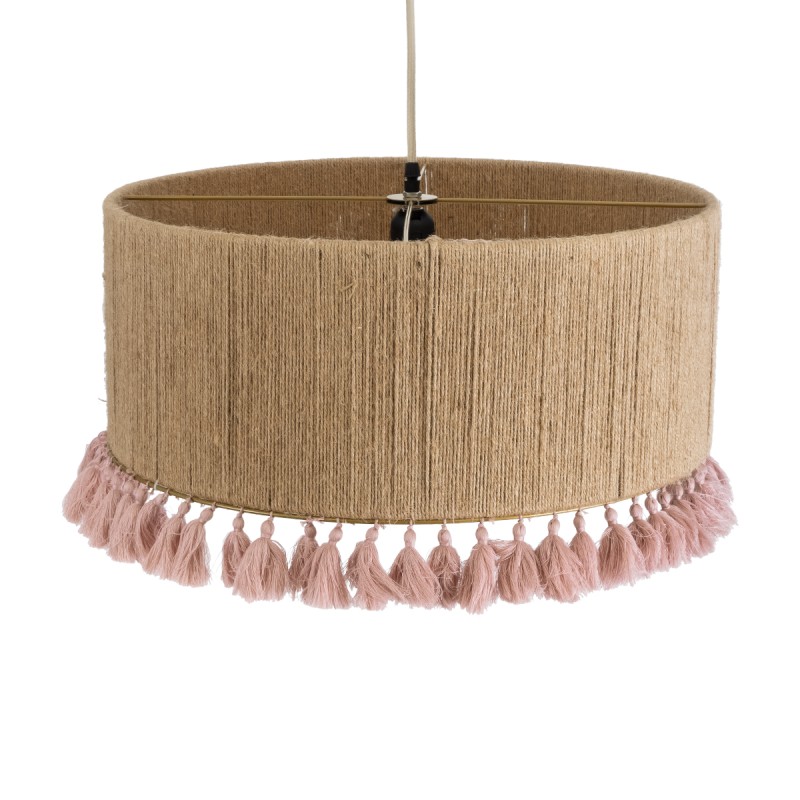 GloboStar® PUERTORICO 02096 Boho Κρεμαστό Φωτιστικό Καπέλο Μονόφωτο 1 x E27 IP20 Μπεζ & Ροζ Σχοινί - Μ50 x Π50 x Υ27cm