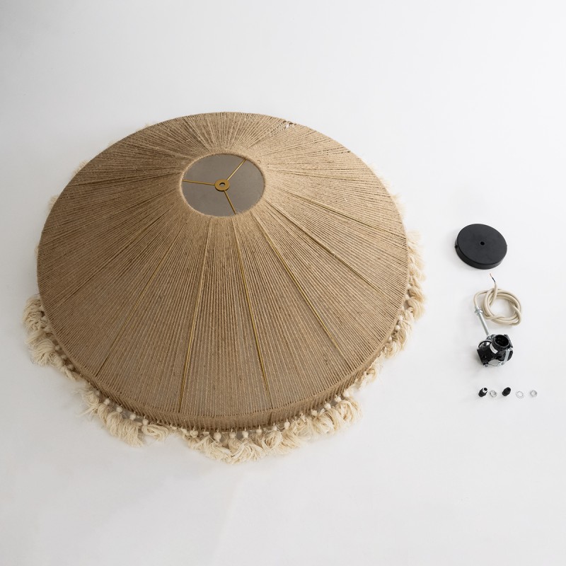 GloboStar® PUERTORICO 02099 Boho Κρεμαστό Φωτιστικό Καμπάνα Τριφωτο 3 x E27 IP20 Μπεζ & Λευκό Σχοινί - Μ80 x Π80 x Υ35cm