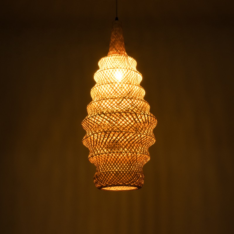 GloboStar® MAUI 02114 Boho Κρεμαστό Φωτιστικό Πλέγμα Μονόφωτο 1 x E27 IP20 Μπεζ Ξύλο - Μ30 x Π30 x Y77cm