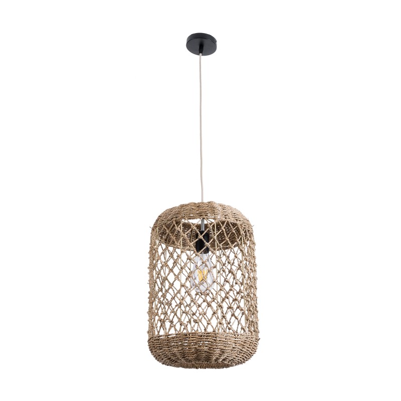 GloboStar® ECUADOR 02117 Boho Κρεμαστό Φωτιστικό Πλέγμα Μονόφωτο 1 x E27 IP20 Μπεζ Rattan - Μ28 x Π28 x Υ40cm