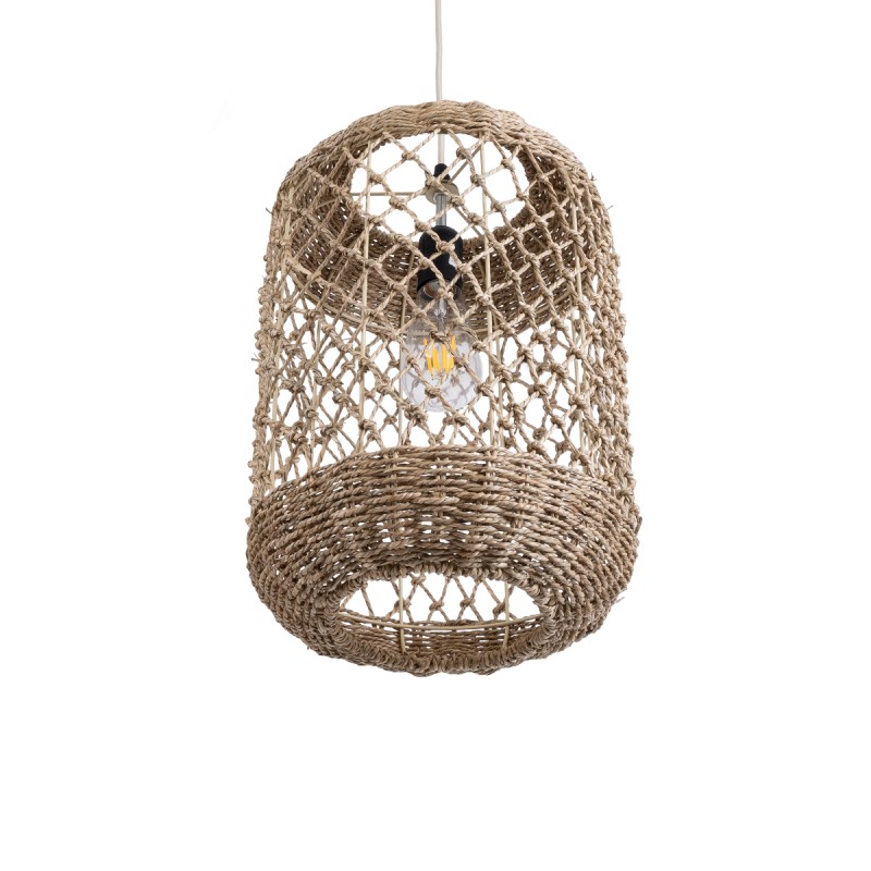 GloboStar® ECUADOR 02117 Boho Κρεμαστό Φωτιστικό Πλέγμα Μονόφωτο 1 x E27 IP20 Μπεζ Rattan - Μ28 x Π28 x Υ40cm