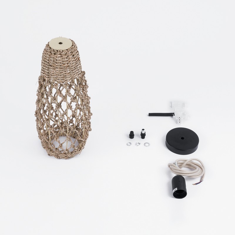 GloboStar® ECUADOR 02119 Boho Κρεμαστό Φωτιστικό Πλέγμα Μονόφωτο 1 x E27 IP20 Μπεζ Rattan - Μ15 x Π15 x Υ35cm