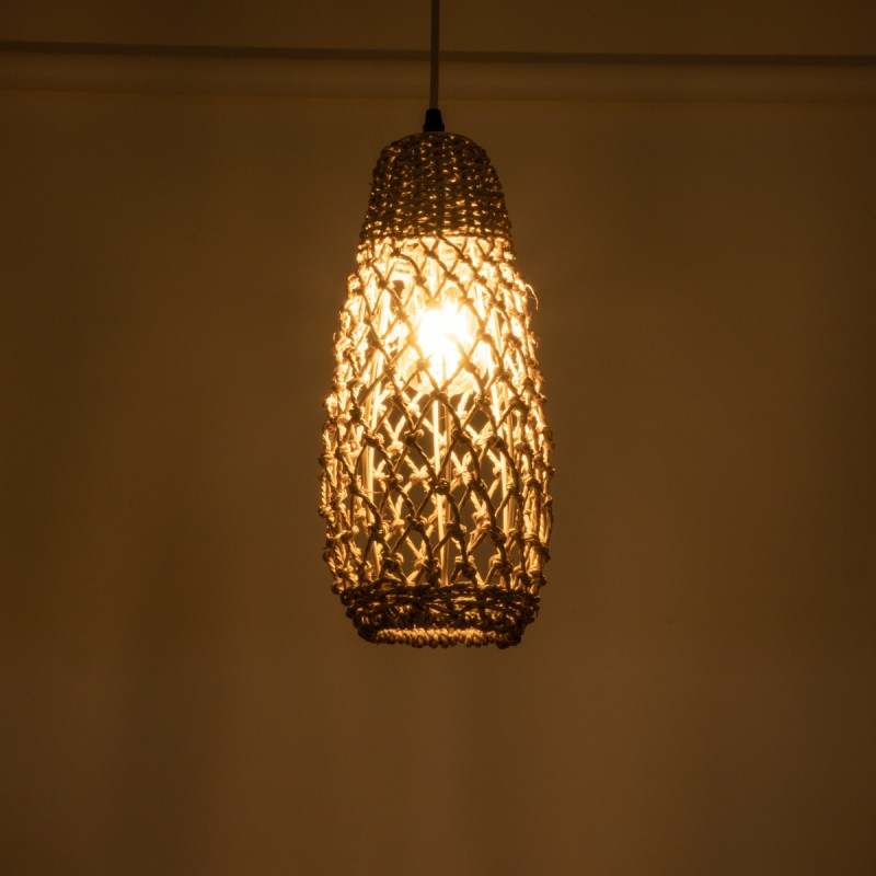 GloboStar® ECUADOR 02119 Boho Κρεμαστό Φωτιστικό Πλέγμα Μονόφωτο 1 x E27 IP20 Μπεζ Rattan - Μ15 x Π15 x Υ35cm