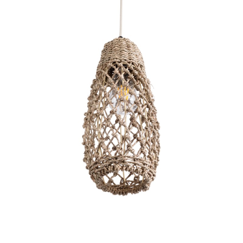 GloboStar® ECUADOR 02119 Boho Κρεμαστό Φωτιστικό Πλέγμα Μονόφωτο 1 x E27 IP20 Μπεζ Rattan - Μ15 x Π15 x Υ35cm