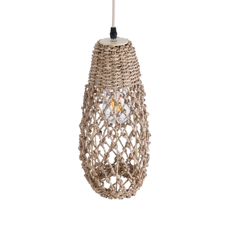 GloboStar® ECUADOR 02119 Boho Κρεμαστό Φωτιστικό Πλέγμα Μονόφωτο 1 x E27 IP20 Μπεζ Rattan - Μ15 x Π15 x Υ35cm