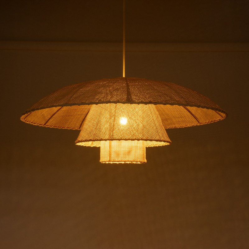 GloboStar® ZORA 02139 Boho Κρεμαστό Φωτιστικό Καμπάνα Μονόφωτο 1 x E27 IP20 Μπεζ Ύφασμα - Μ80 x Π80 x Υ32cm