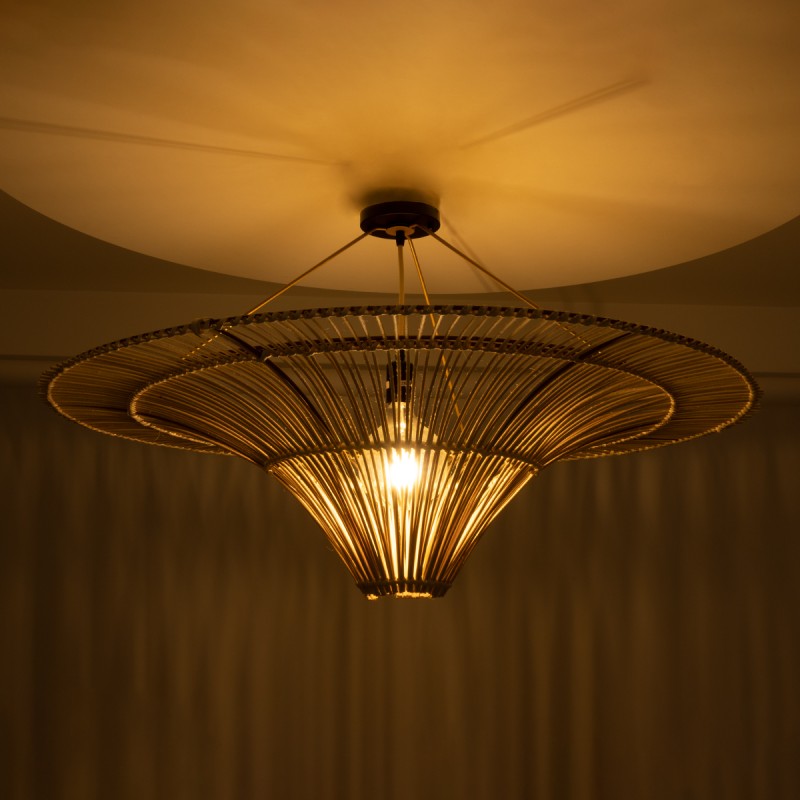 GloboStar® PALERMO 02153 Boho Φωτιστικό Οροφής Πλέγμα Μονόφωτο 1 x E27 IP20 Μπεζ Ξύλο - Μ100 x Π100 x Υ55cm