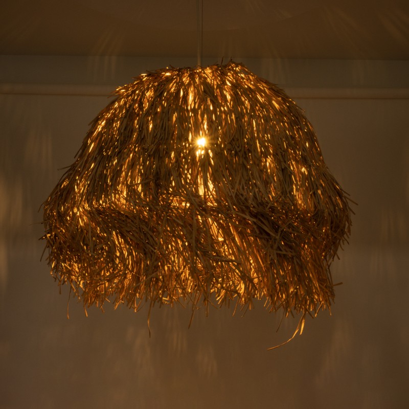 GloboStar® GUADELOUPE 02158 Boho Κρεμαστό Φωτιστικό Πλέγμα Μονόφωτο 1 x E27 IP20 Μπεζ Ράφια - Μ80 x Π80 x Υ60cm