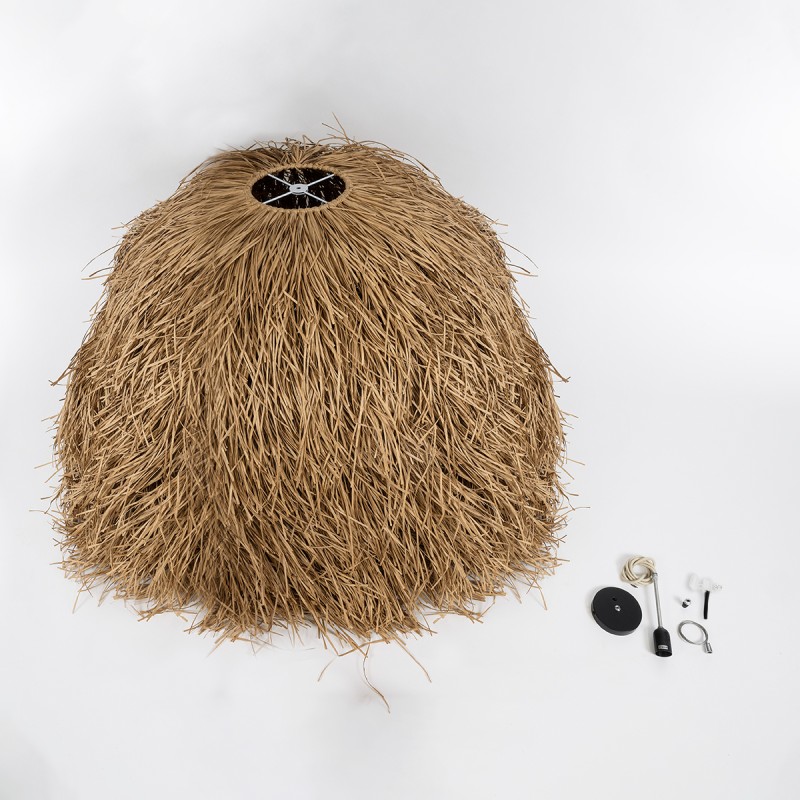 GloboStar® GUADELOUPE 02159 Boho Κρεμαστό Φωτιστικό Πλέγμα Μονόφωτο 1 x E27 IP20 Μπεζ Ράφια - Μ120 x Π120 x Υ100cm