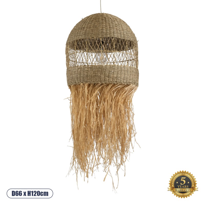 GloboStar® SAINTLUCIA 02161 Boho Κρεμαστό Φωτιστικό Πλεγμα Μονόφωτο 1 x E27 IP20 Μπεζ Ράφια - Μ66 x Π66 x Υ120cm