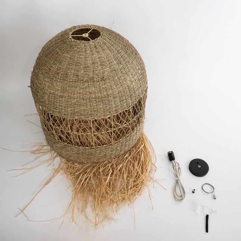 GloboStar® SAINTLUCIA 02161 Boho Κρεμαστό Φωτιστικό Πλεγμα Μονόφωτο 1 x E27 IP20 Μπεζ Ράφια - Μ66 x Π66 x Υ120cm