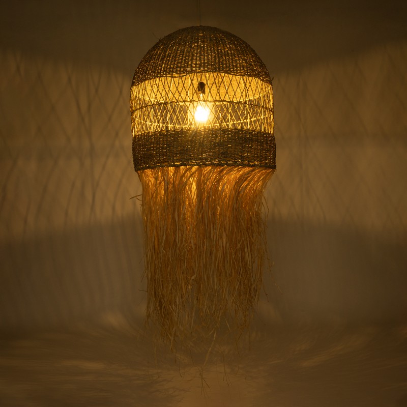 GloboStar® SAINTLUCIA 02161 Boho Κρεμαστό Φωτιστικό Πλεγμα Μονόφωτο 1 x E27 IP20 Μπεζ Ράφια - Μ66 x Π66 x Υ120cm