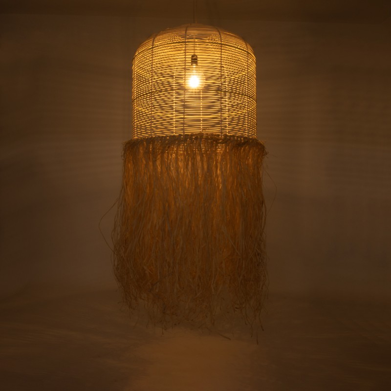 GloboStar® BASSETERRE 02163 Boho Κρεμαστό Φωτιστικό Πλέγμα Μονόφωτο 1 x E27 IP20 Μπεζ Ξύλο με Καφέ Ράφια - Μ70 x Π70 x Υ170cm