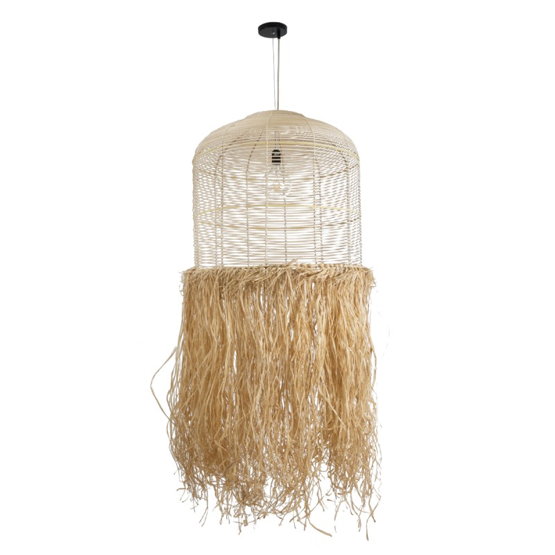 GloboStar® BASSETERRE 02163 Boho Κρεμαστό Φωτιστικό Πλέγμα Μονόφωτο 1 x E27 IP20 Μπεζ Ξύλο με Καφέ Ράφια - Μ70 x Π70 x Υ170cm