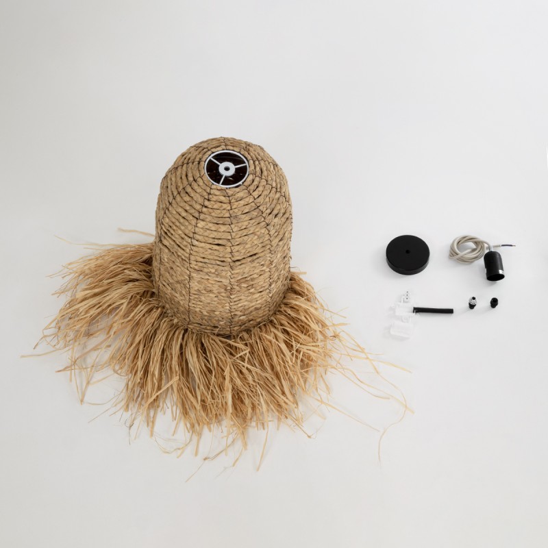 GloboStar® PORTOFERRAIO 02170 Boho Κρεμαστό Φωτιστικό Πλέγμα Μονόφωτο 1 x E27 IP20 Μπεζ Ράφια - Μ30 x Π30 x Υ70cm