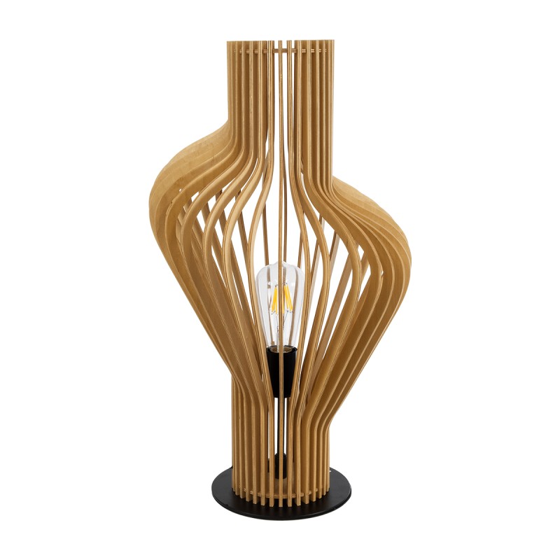 GloboStar® MIHIRO 02176 Boho Επιτραπέζιο Φωτιστικό Μονόφωτο 1 x E27 AC220-240V IP20 - Φ33 x Υ57cm - Καφέ Ξύλινο με Μαύρη Μεταλλική Βάση Πλέγμα