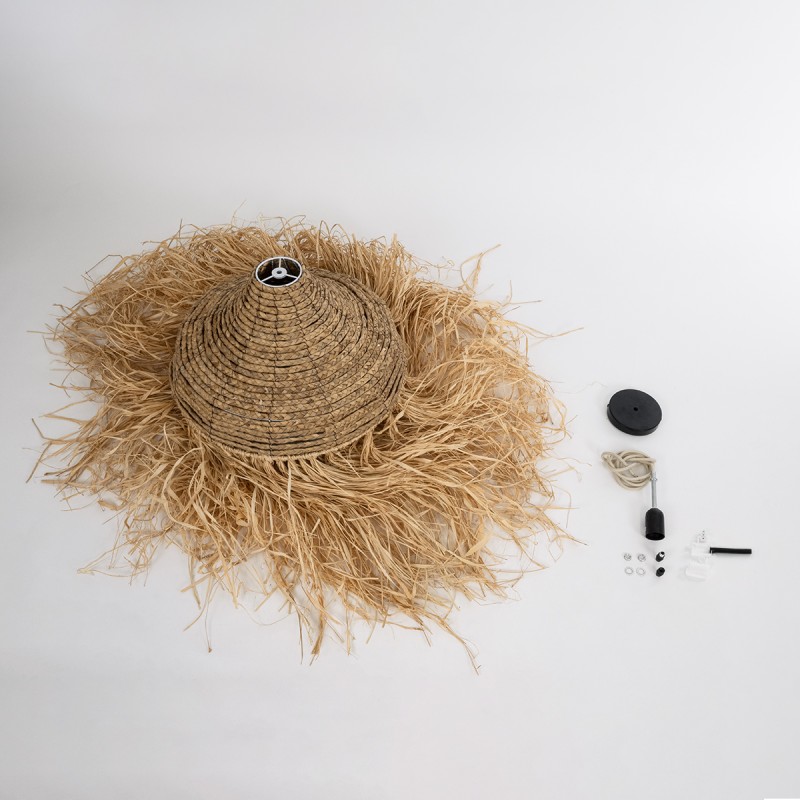 GloboStar® PORTOFERRAIO 02185 Boho Κρεμαστό Φωτιστικό Πλέγμα Μονόφωτο 1 x E27 IP20 Μπεζ Ράφια - Μ50 x Π50 x Υ80cm