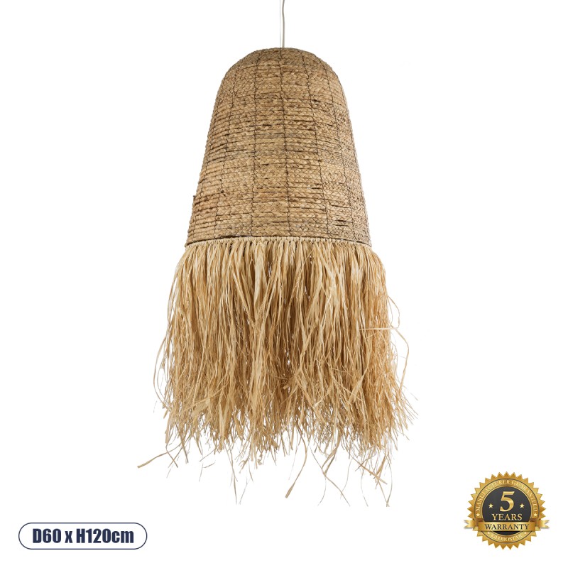 GloboStar® PORTOFERRAIO 02190 Boho Κρεμαστό Φωτιστικό Πλέγμα Μονόφωτο 1 x E27 IP20 Μπεζ Ράφια - Μ60 x Π60 x Υ120cm