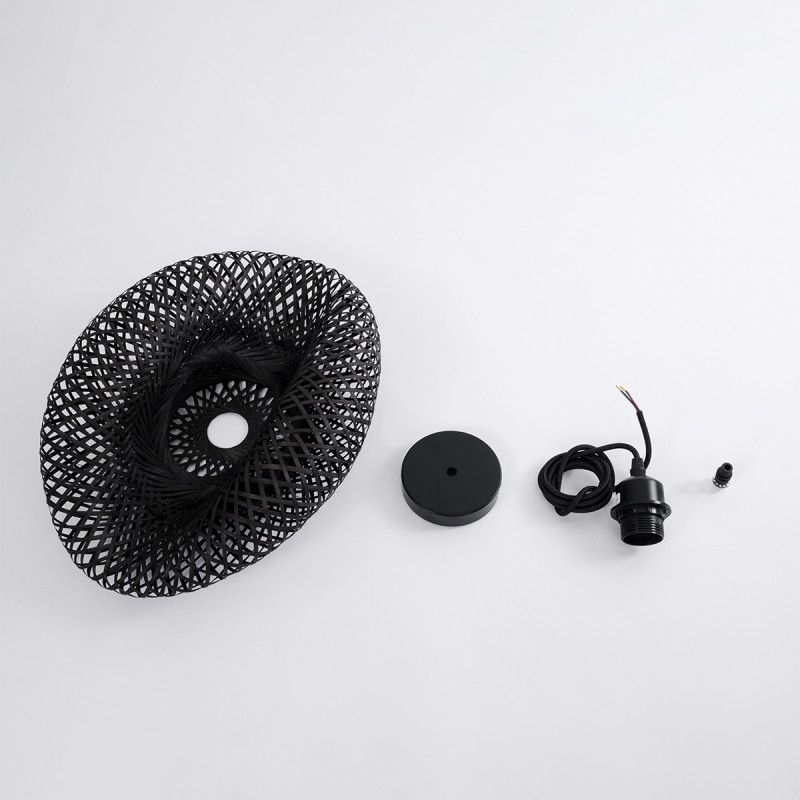 GloboStar® MEXICO 02200 Boho Κρεμαστό Φωτιστικό Πλέγμα Μονόφωτο 1 x E27 IP20 Μαύρο Ξύλο - Μ40 x Π30 x Υ13cm