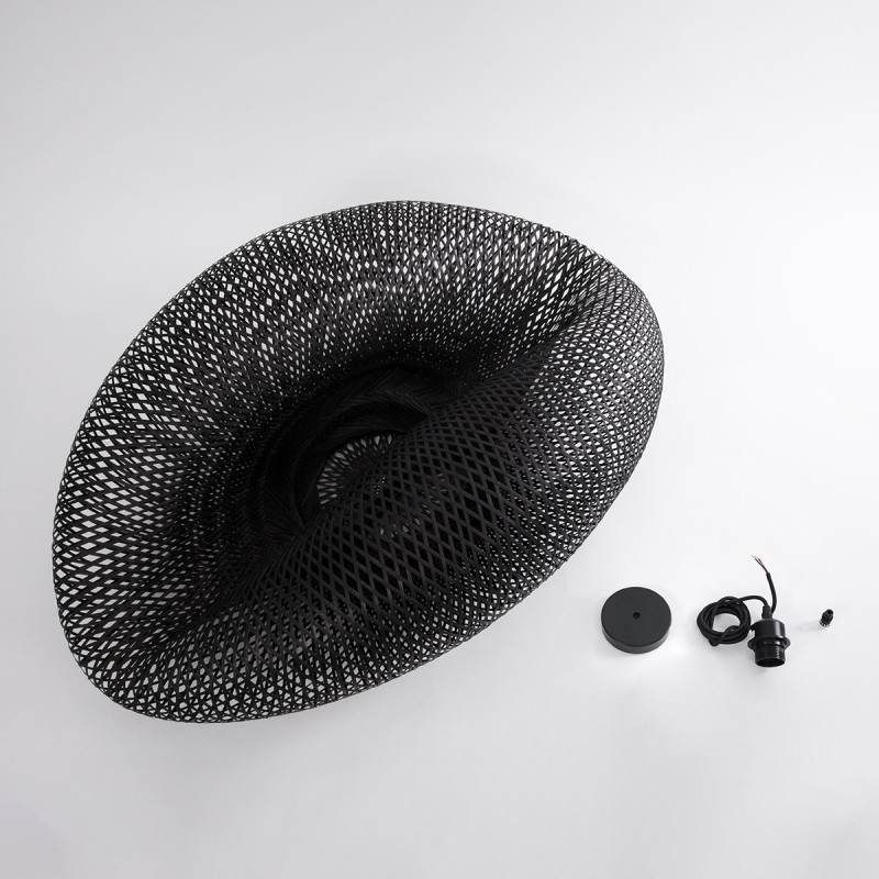 GloboStar® MEXICO 02203 Boho Κρεμαστό Φωτιστικό Πλέγμα Μονόφωτο 1 x E27 IP20 Μαύρο Ξύλο - Μ100 x Π62 x Υ33cm