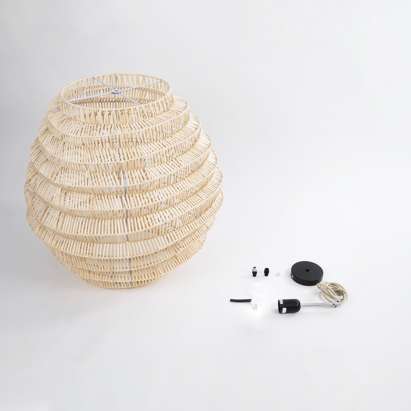 GloboStar® OREGON 02206 Boho Κρεμαστό Φωτιστικό Πλέγμα Μονόφωτο 1 x E27 IP20 Μπεζ Ξύλο - Μ60 x Π60 x Υ56cm