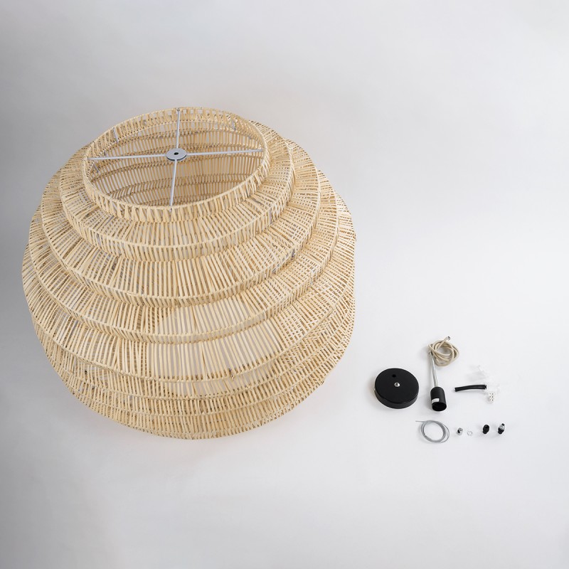 GloboStar® OREGON 02207 Boho Κρεμαστό Φωτιστικό Πλέγμα Μονόφωτο 1 x E27 IP20 Μπεζ Ξύλο - Μ80 x Π80 x Υ65cm