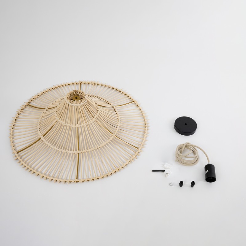 GloboStar® PALERMO 02208 Boho Κρεμαστό Φωτιστικό Πλέγμα Μονόφωτο 1 x E27 IP20 Μπεζ Ξύλο - Μ60 x Π60 x Υ20cm