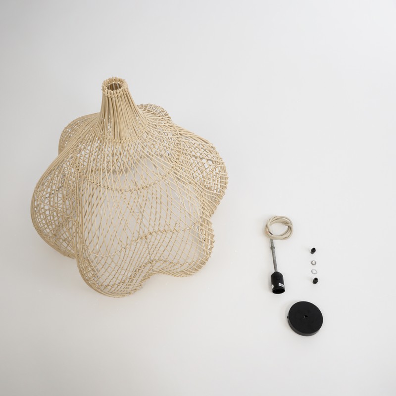 GloboStar® ADEJE 02210 Boho Κρεμαστό Φωτιστικό Πλέγμα Μονόφωτο 1 x E27 IP20 Μπεζ Ξύλο - Μ60 x Π60 x Υ60cm