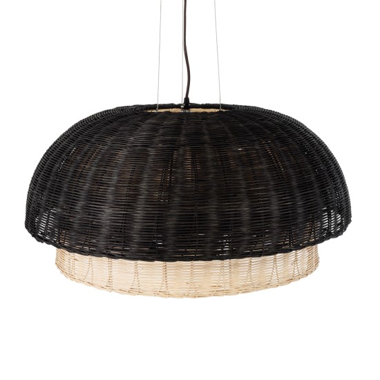 GloboStar® CORSICA 02216 Boho Κρεμαστό Φωτιστικό Καμπάνα Μονόφωτο 1 x E27 IP20 Μαύρο & Μπεζ Ξύλο - Μ70 x Π70 x Υ35cm