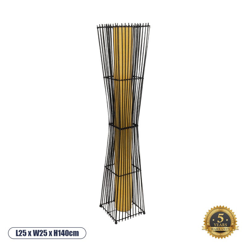 GloboStar® PALMA 02274 Boho Επιδαπέδιο Φωτιστικό Δίφωτο 2 x E27 IP20 Μαύρο Ξύλο με Μπεζ Ύφασμα - Μ25 x Π25 x Υ140cm