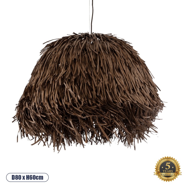 GloboStar® GUADELOUPE 02294 Boho Κρεμαστό Φωτιστικό Πλέγμα Μονόφωτο 1 x E27 IP20 Καφέ Ράφια - Μ80 x Π80 x Υ60cm