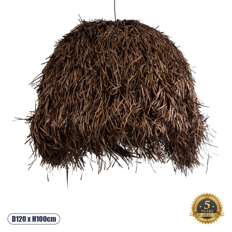 GloboStar® GUADELOUPE 02295 Boho Κρεμαστό Φωτιστικό Καμπάνα Μονόφωτο 1 x E27 IP20 Καφέ Ράφια - Μ120 x Π120 x Υ100cm
