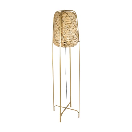 GloboStar® MEILANI 02301 Boho Επιδαπέδιο Φωτιστικό Μονόφωτο 1 x E27 IP20 Χρυσό Μέταλλο με Μπεζ Ξύλο - Μ40 x Π40 x Υ150cm