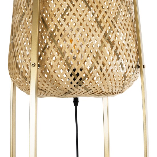 GloboStar® MEILANI 02301 Boho Επιδαπέδιο Φωτιστικό Μονόφωτο 1 x E27 IP20 Χρυσό Μέταλλο με Μπεζ Ξύλο - Μ40 x Π40 x Υ150cm